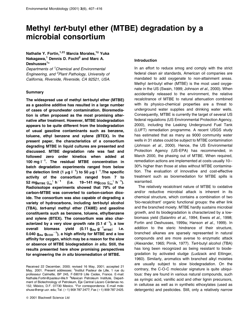 Methyl Tert-Butyl Ether (MTBE) Degradation by a Microbial Consortium