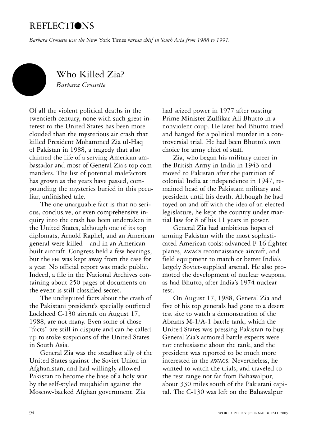 Who Killed Zia? Barbara Crossette