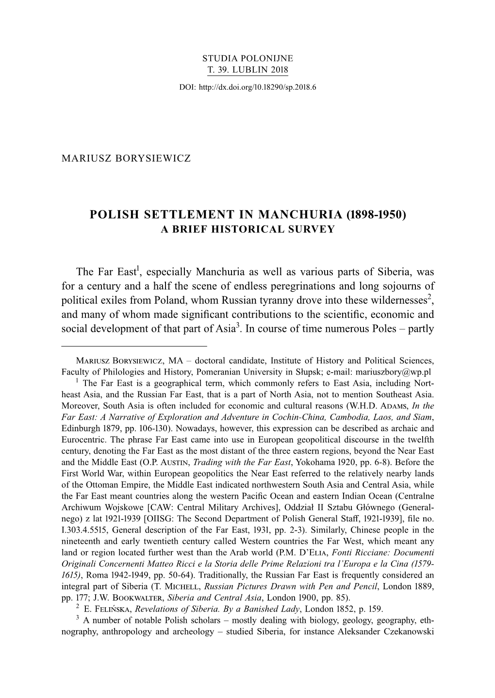 Polish Settlement in Manchuria (1898-1950) a Brief Historical Survey
