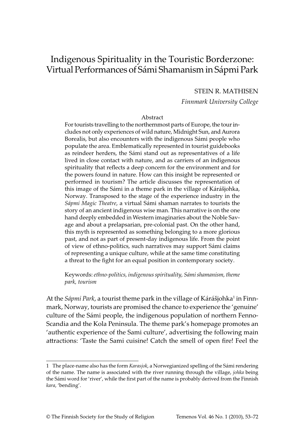 Indigenous Spirituality in the Touristic Borderzone: Virtual Performances of Sámi Shamanism in Sápmi Park