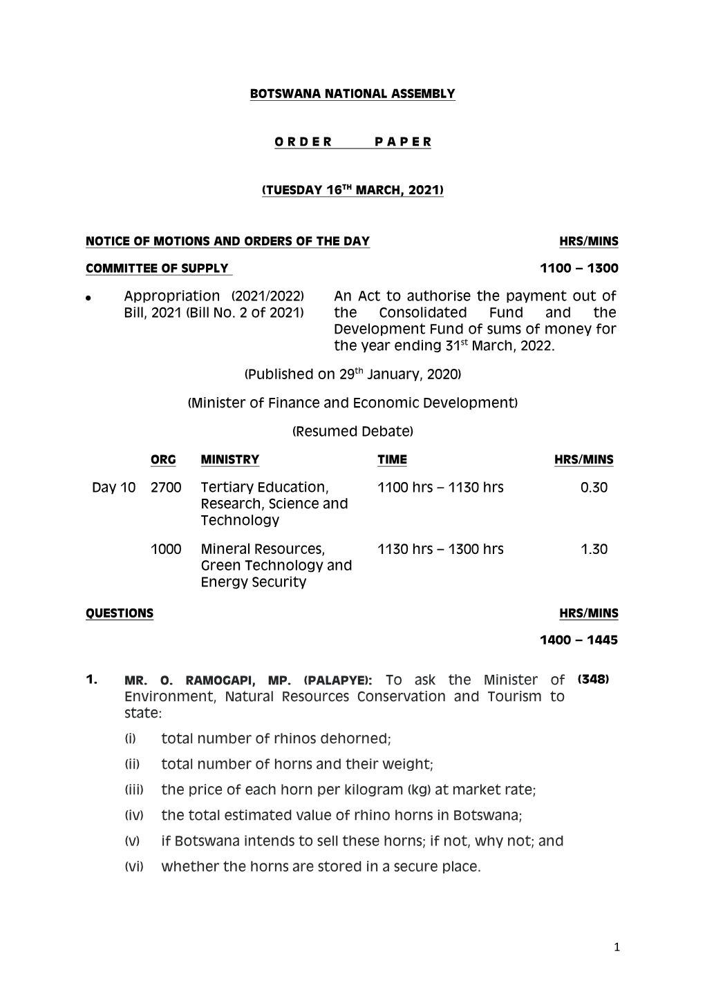 1 Appropriation (2021/2022) Bill, 2021 (Bill No. 2 of 2021) an Act To