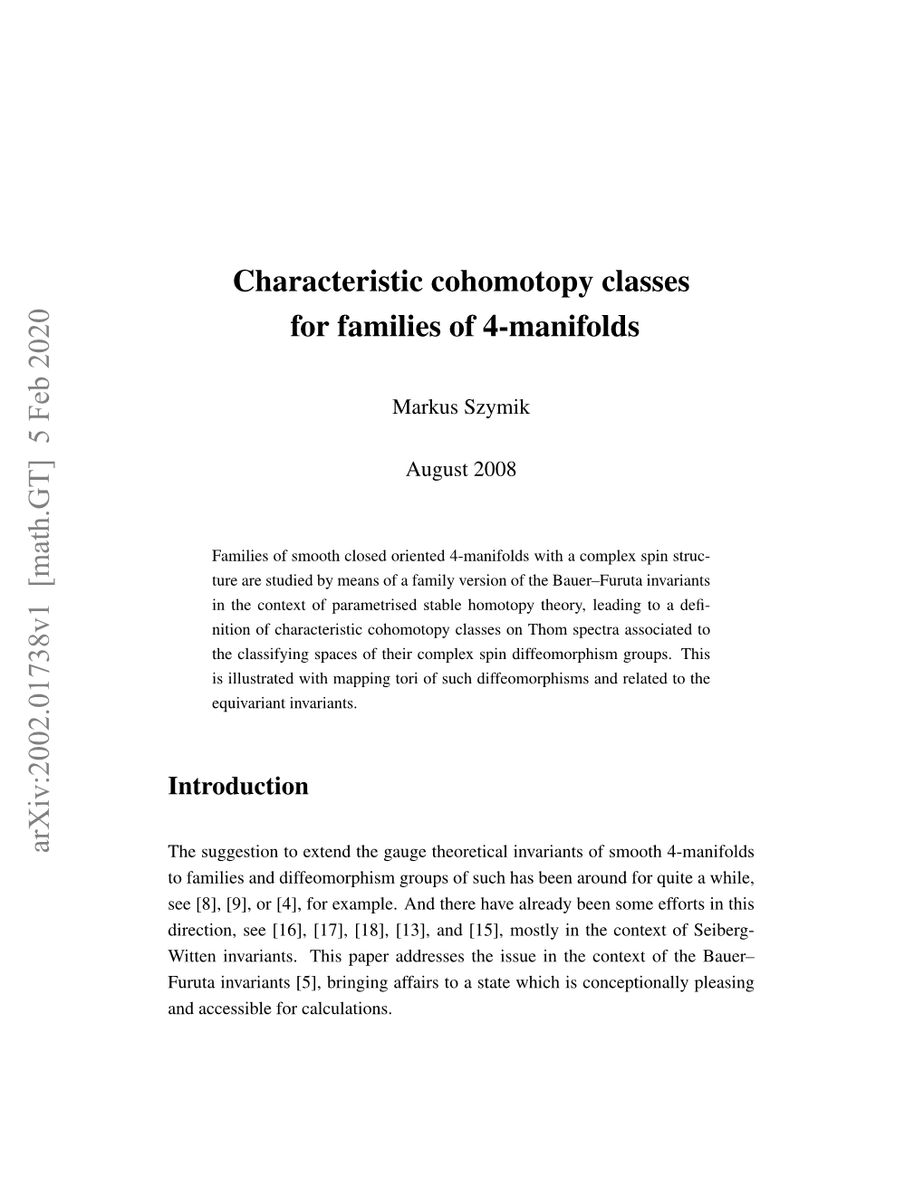 Characteristic Cohomotopy Classes for Families of 4-Manifolds Arxiv