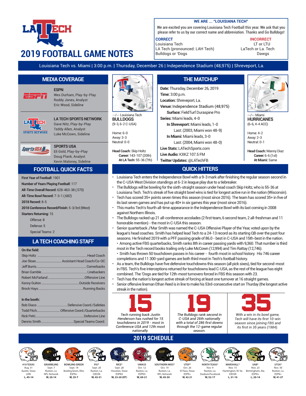 2019 FOOTBALL GAME NOTES Bulldogs Or ‘Dogs Dawgs Louisiana Tech Vs