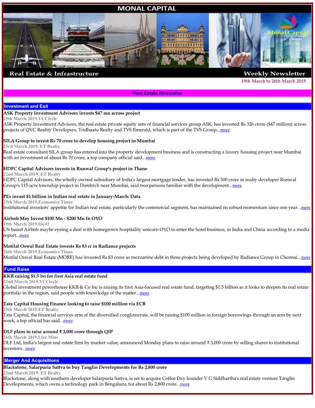 19Th March to 26Th March 2019 Real Estate Newsletter Investment And