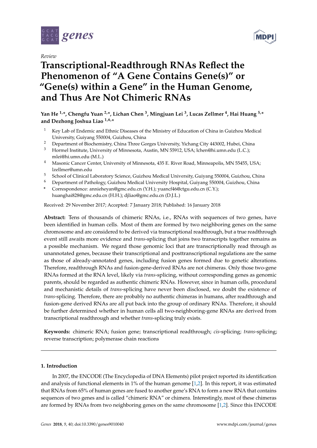 Transcriptional-Readthrough Rnas Reflect the Phenomenon of “A Gene Contains Gene(S)” Or “Gene(S) Within a Gene” in the H