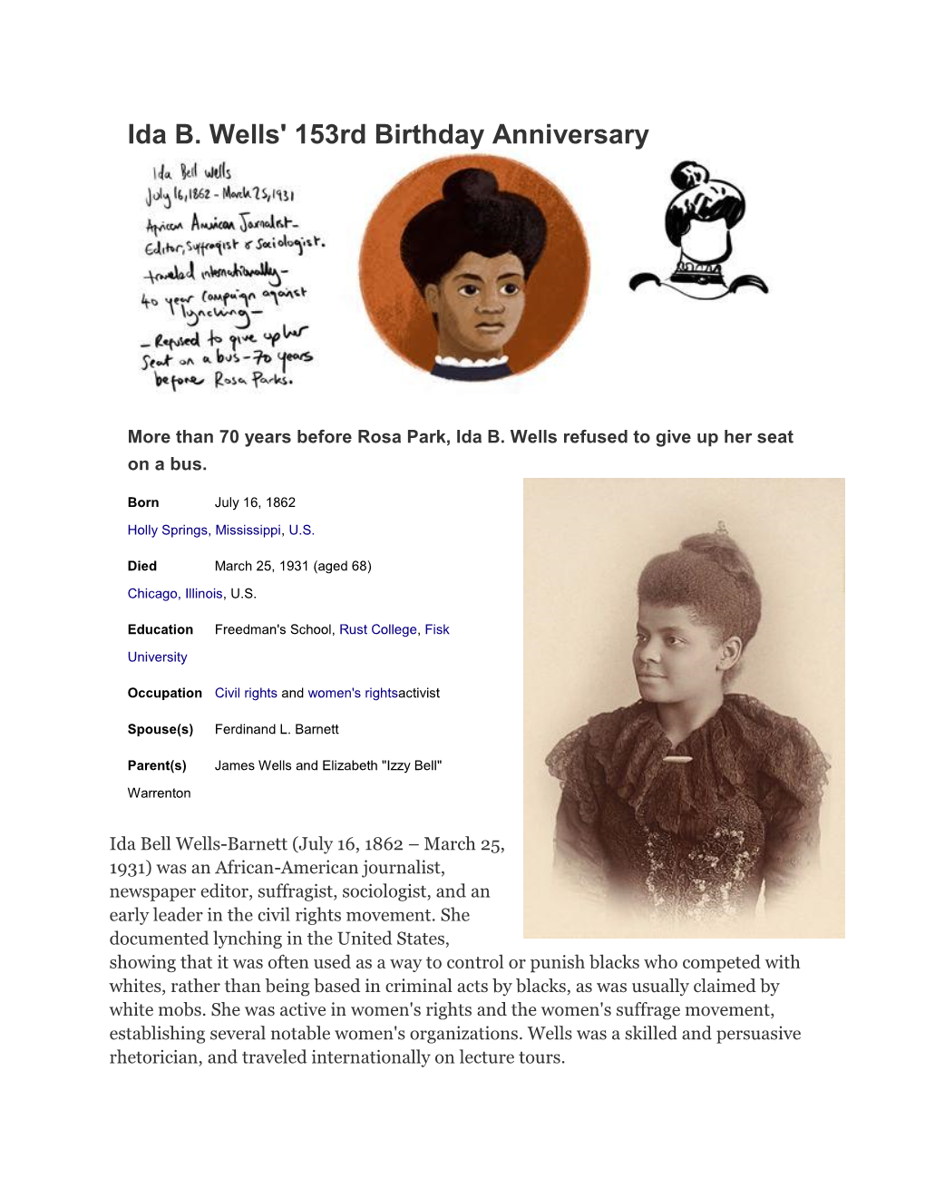 Ida B. Wells' 153Rd Birthday Anniversary