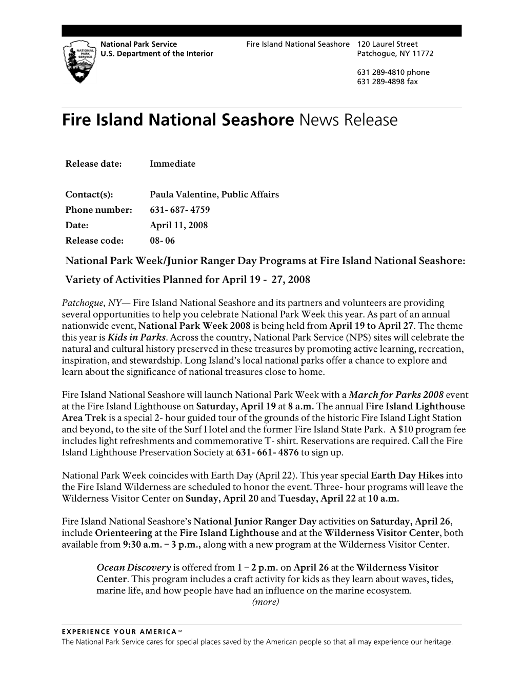 Fire Island National Seashore News Release