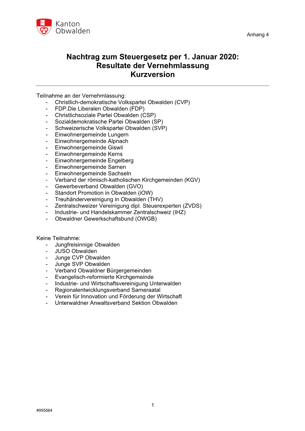 Nachtrag Zum Steuergesetz Per 1. Januar 2020: Resultate Der Vernehmlassung Kurzversion