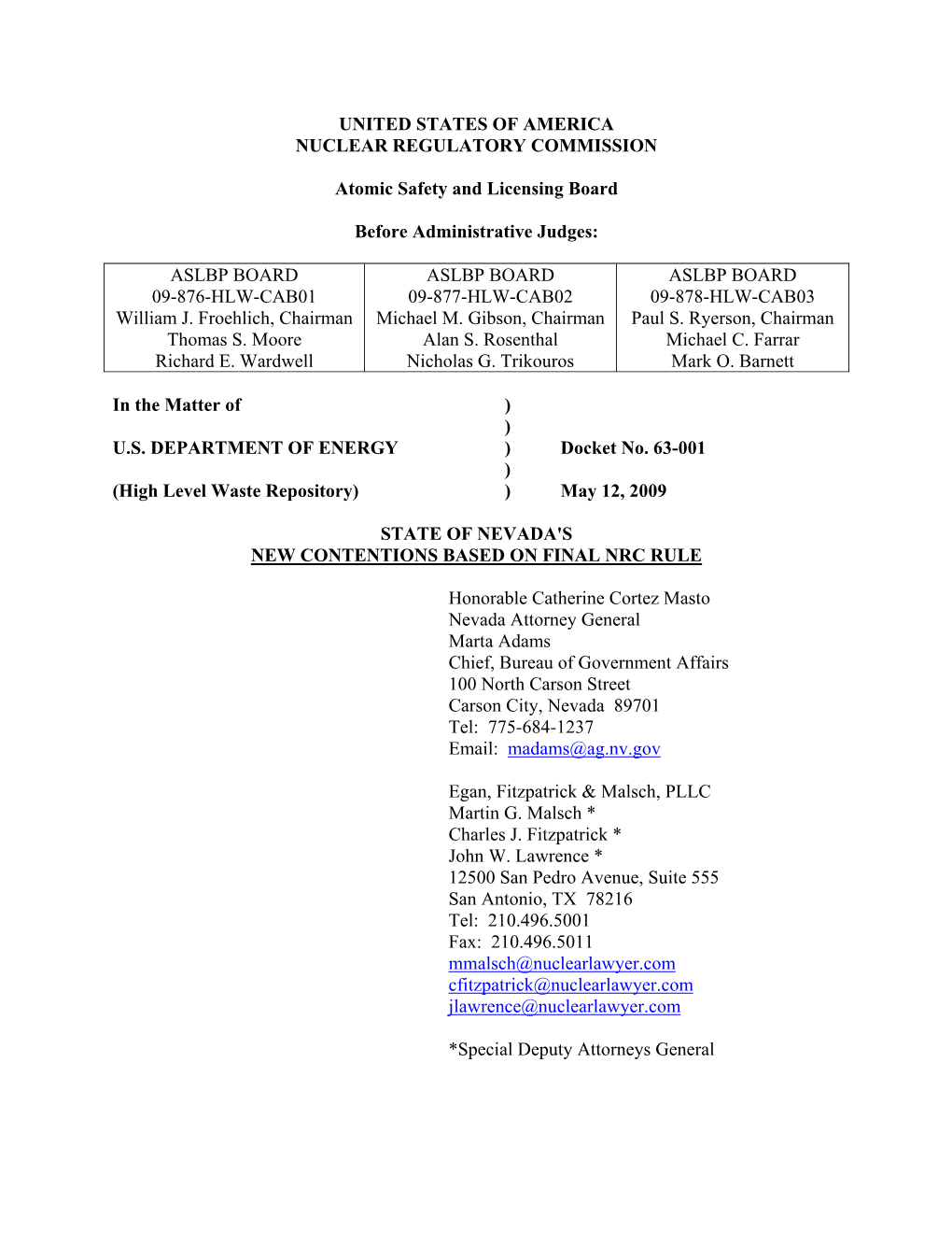 2009/05/12-State of Nevada's New Contentions Based on Final NRC