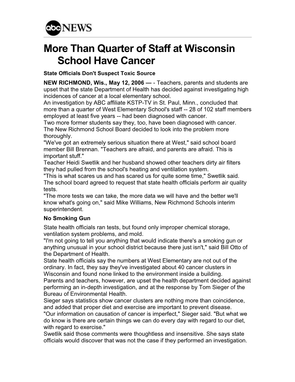 More Than Quarter of Staff at Wisconsin School Have Cancer