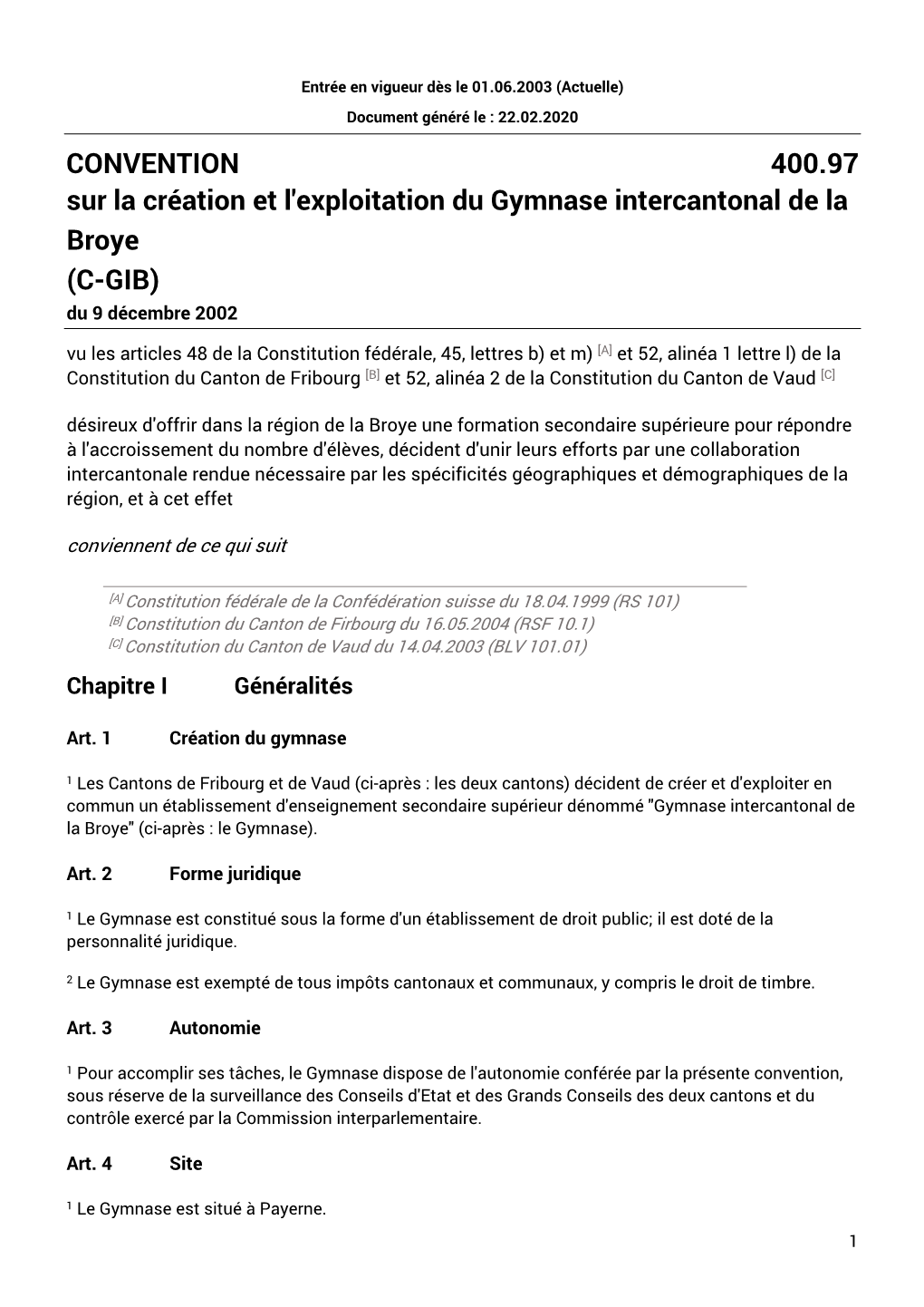 CONVENTION 400.97 Sur La Création Et L'exploitation Du