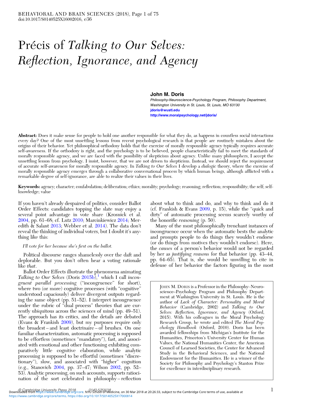 Précis of Talking to Our Selves: Reflection, Ignorance, and Agency