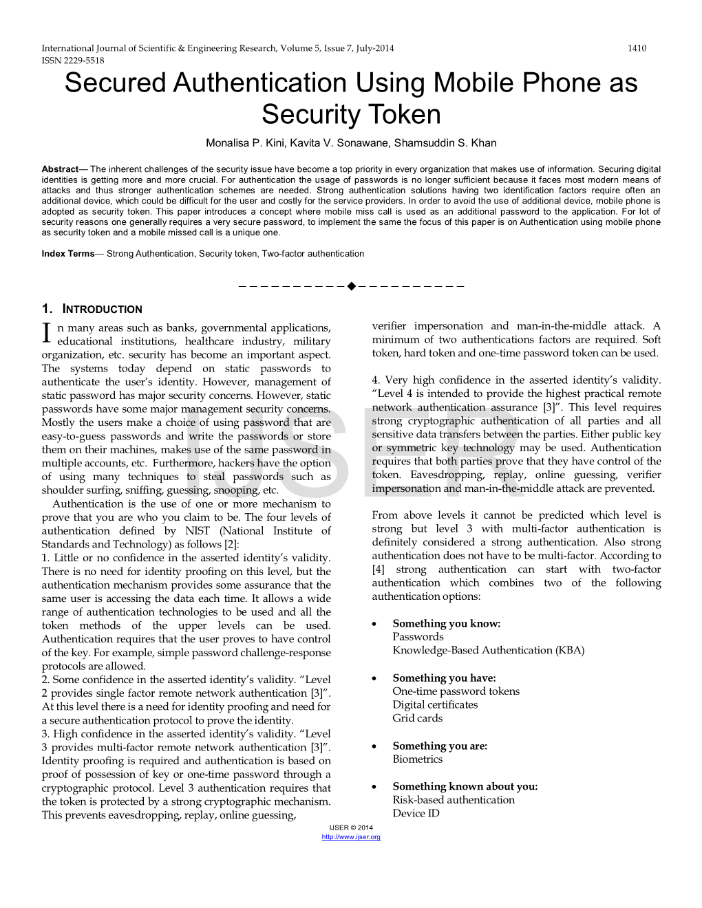 Secured Authentication Using Mobile Phone As Security Token Monalisa P