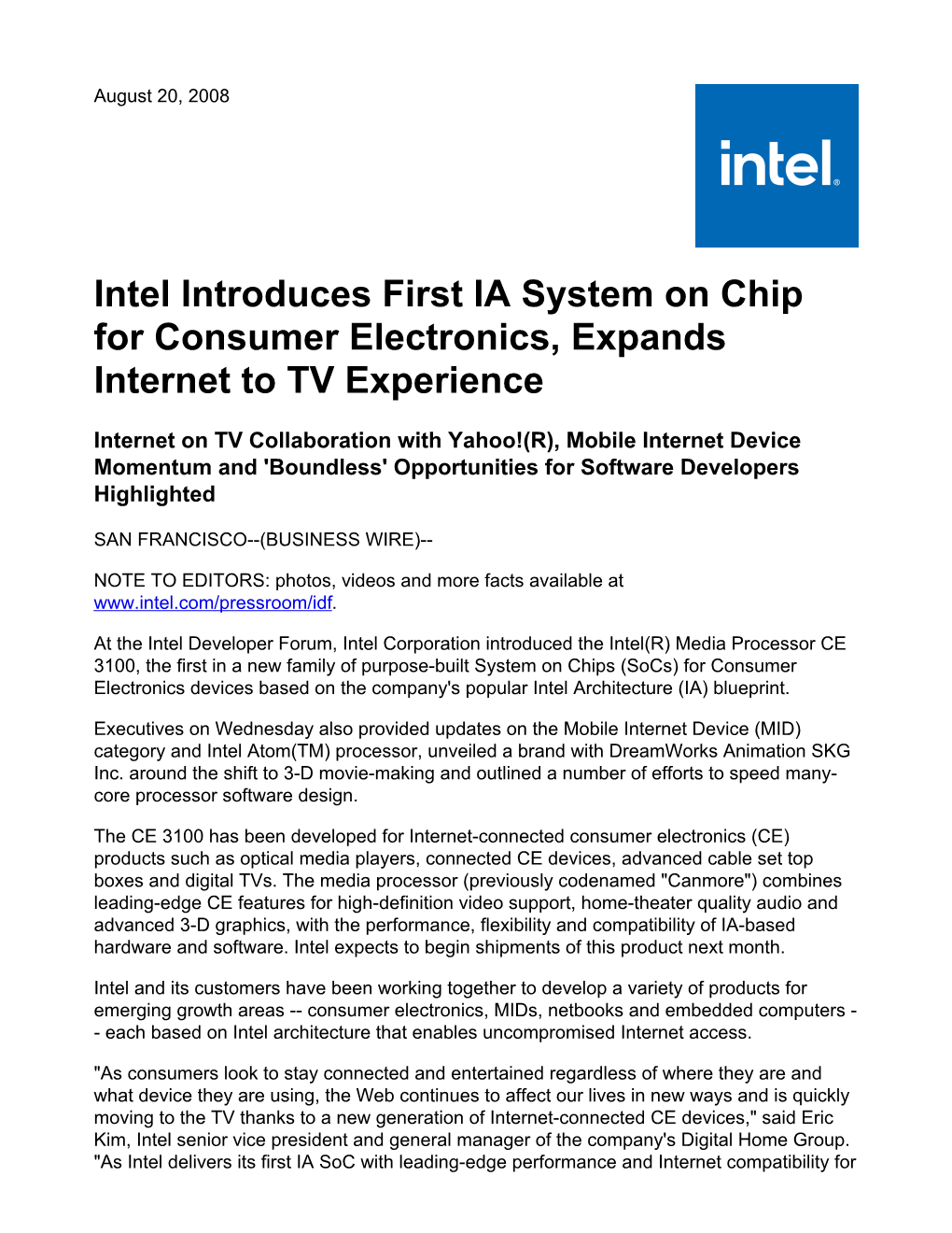 Intel Introduces First IA System on Chip for Consumer Electronics, Expands Internet to TV Experience