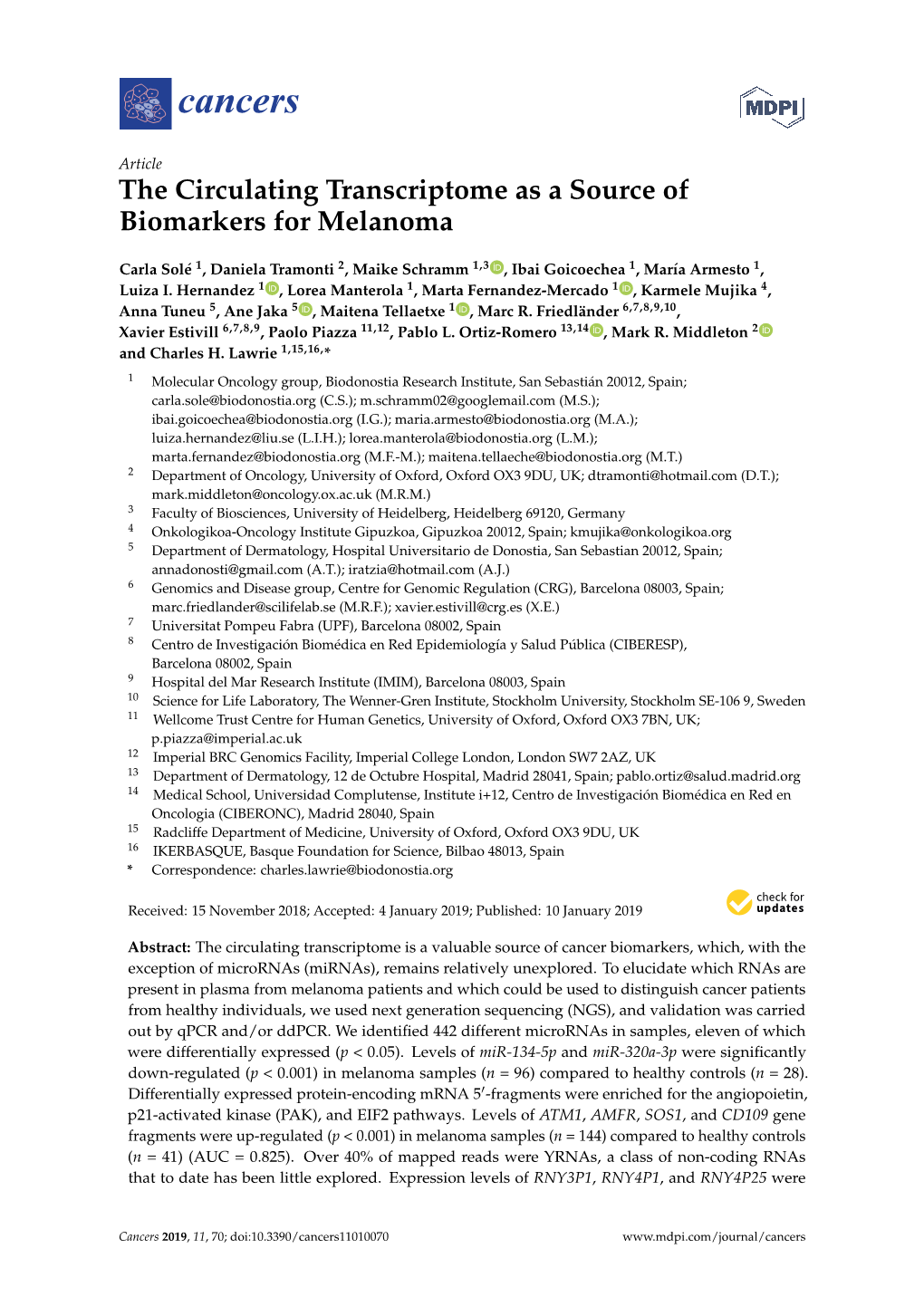 The Circulating Transcriptome As a Source of Biomarkers for Melanoma