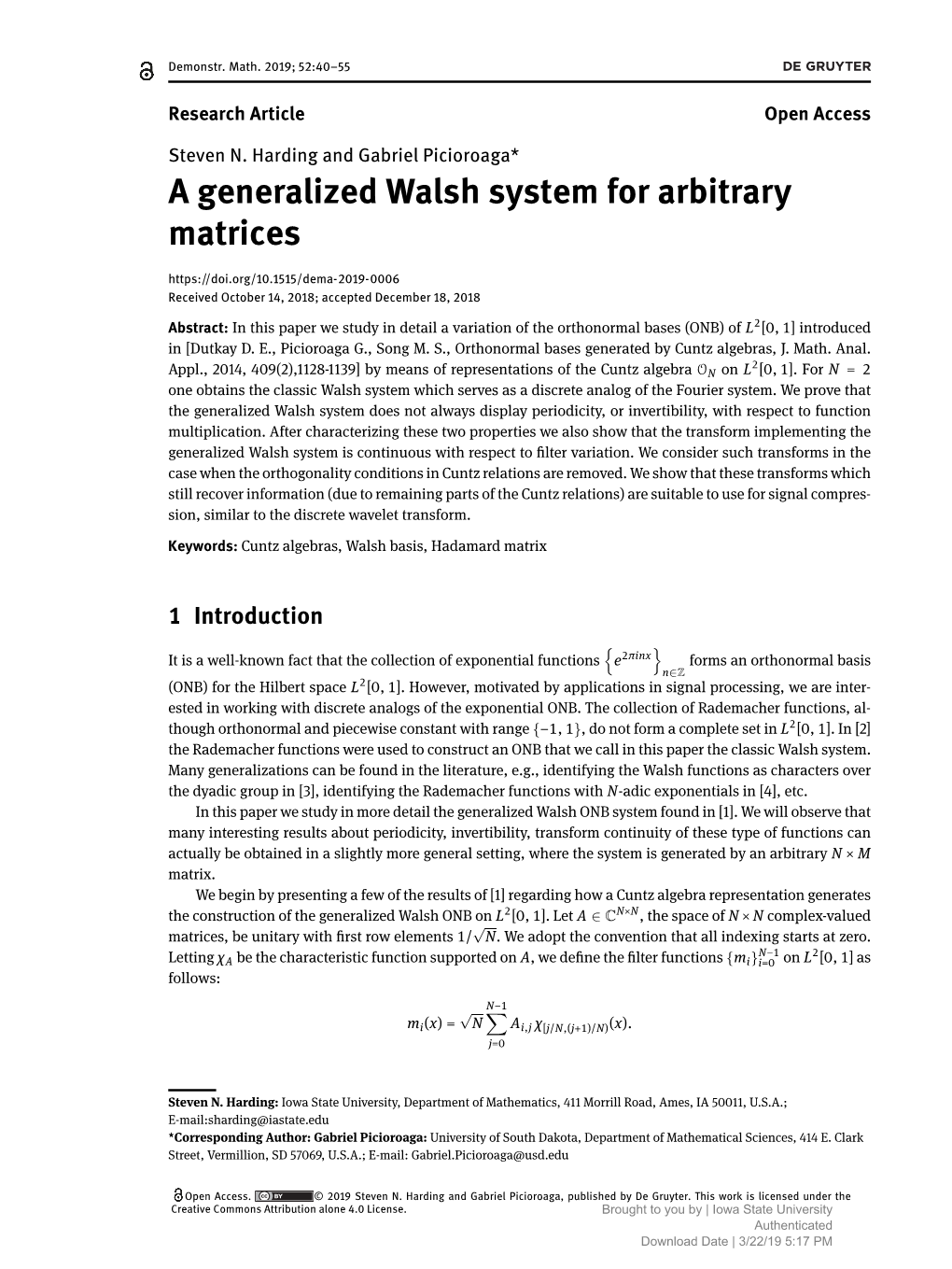 A Generalized Walsh System for Arbitrary Matrices Received October 14, 2018; Accepted December 18, 2018
