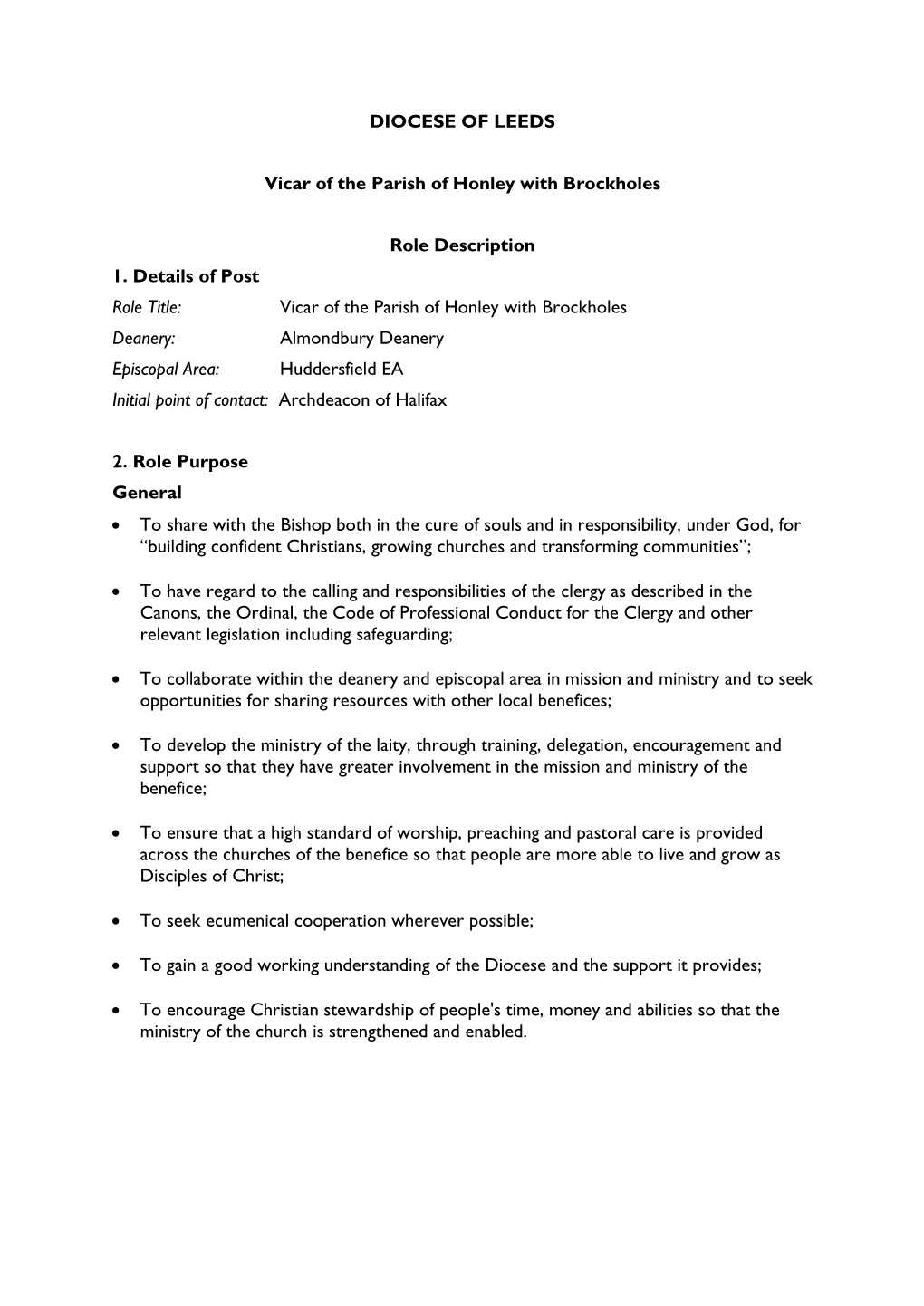 DIOCESE of LEEDS Vicar of the Parish of Honley with Brockholes Role Description 1. Details of Post Role Title: Vicar of The