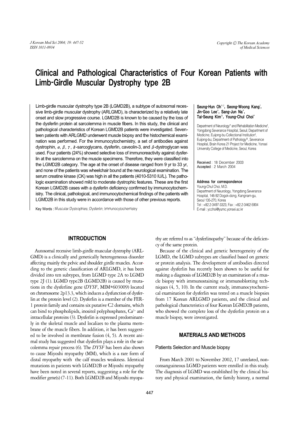 Clinical and Pathological Characteristics of Four Korean Patients with Limb-Girdle Muscular Dystrophy Type 2B