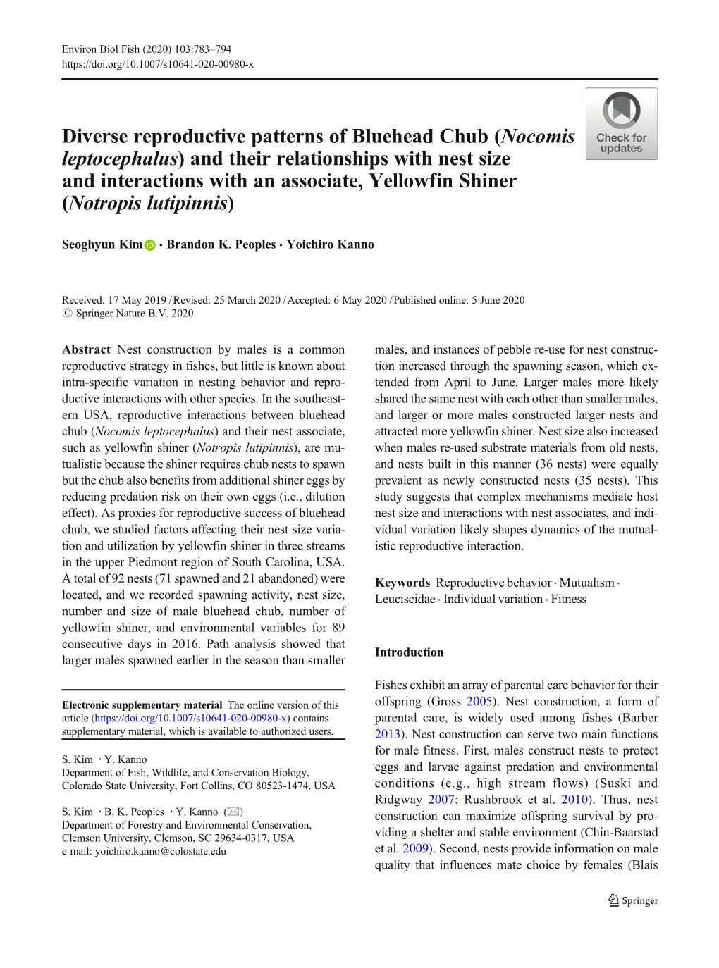 Diverse Reproductive Patterns of Bluehead Chub (Nocomis