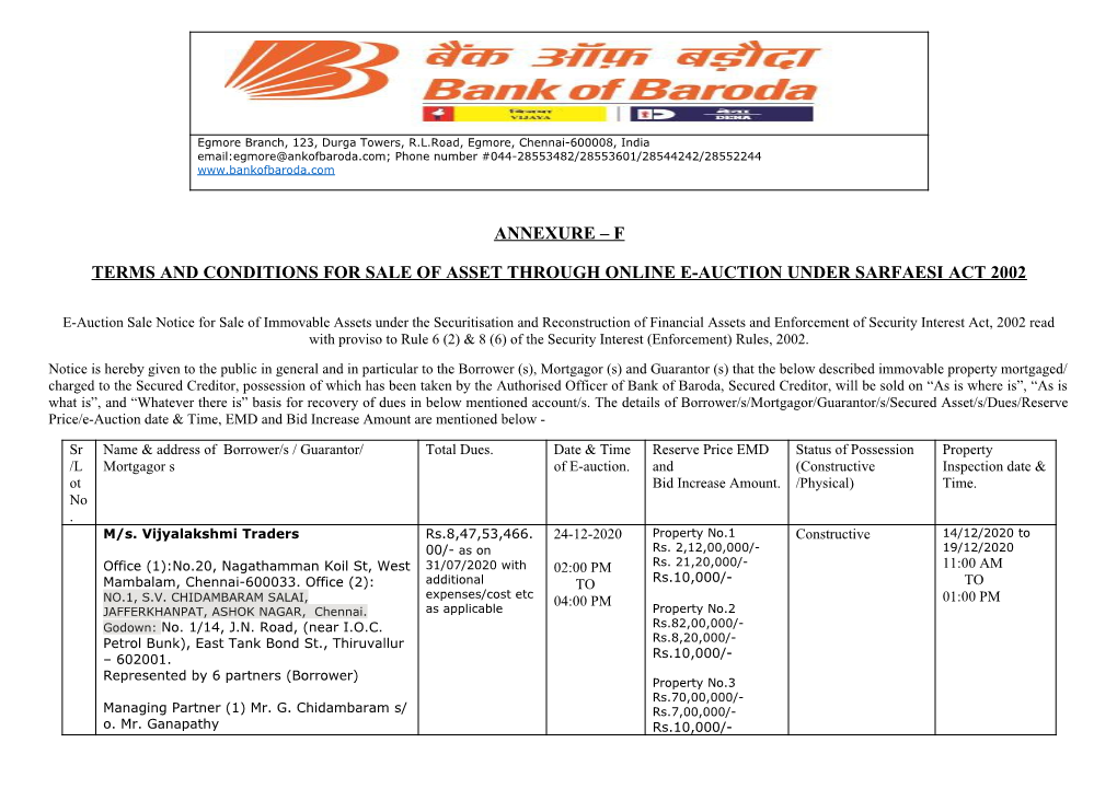 F Terms and Conditions for Sale of Asset Through Online E-Auction Under Sarfaesi Act 2002