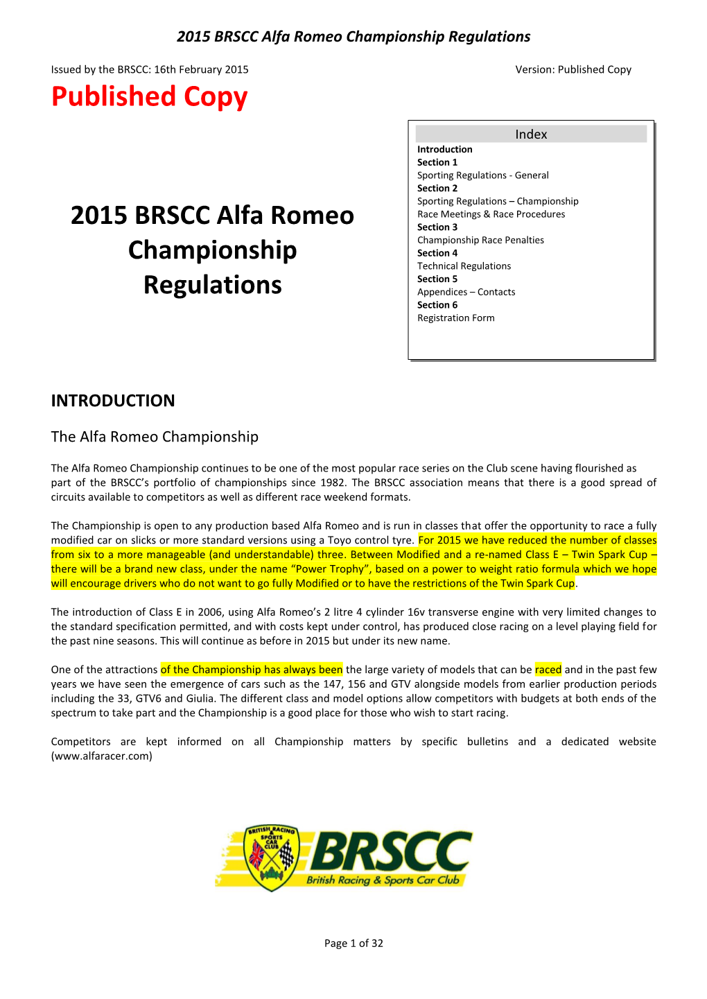 2015 BRSCC Alfa Romeo Championship Regulations