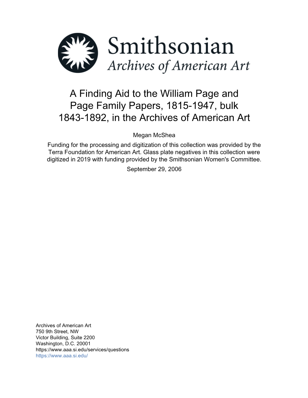 A Finding Aid to the William Page and Page Family Papers, 1815-1947, Bulk 1843-1892, in the Archives of American Art