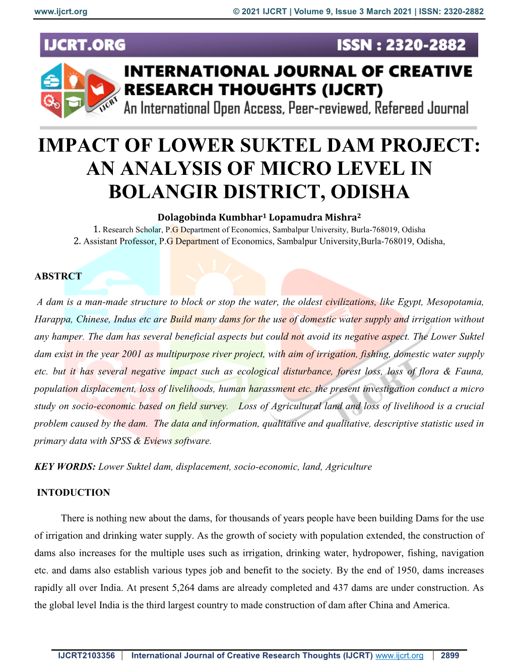 Impact of Lower Suktel Dam Project: an Analysis of Micro Level in Bolangir District, Odisha