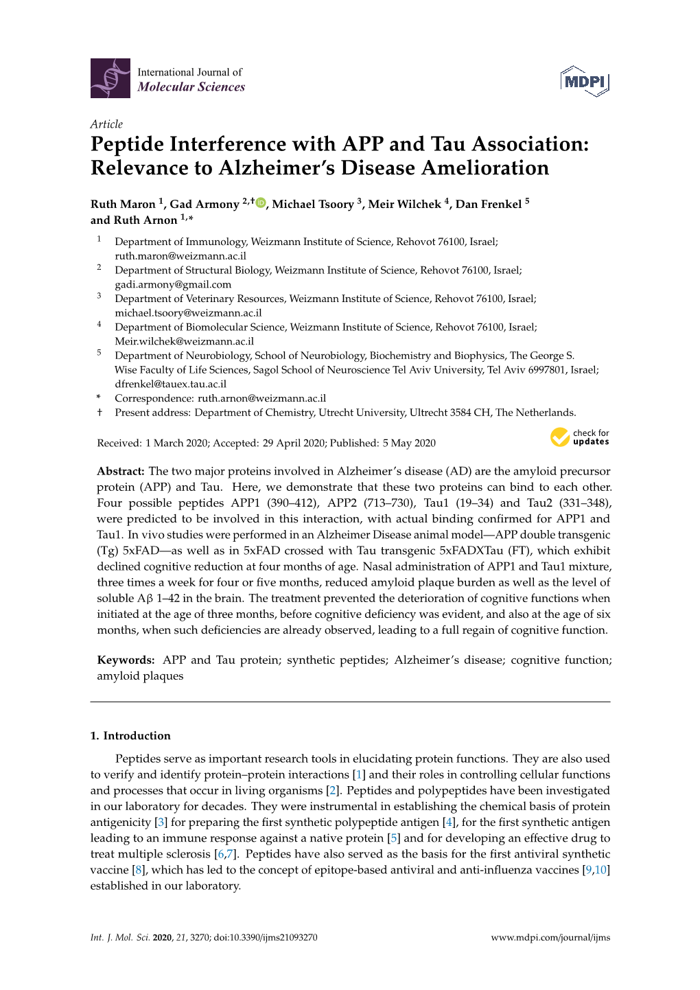 Peptide Interference with APP and Tau Association: Relevance to Alzheimer's Disease Amelioration