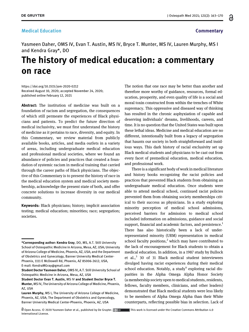 The History of Medical Education: a Commentary on Race