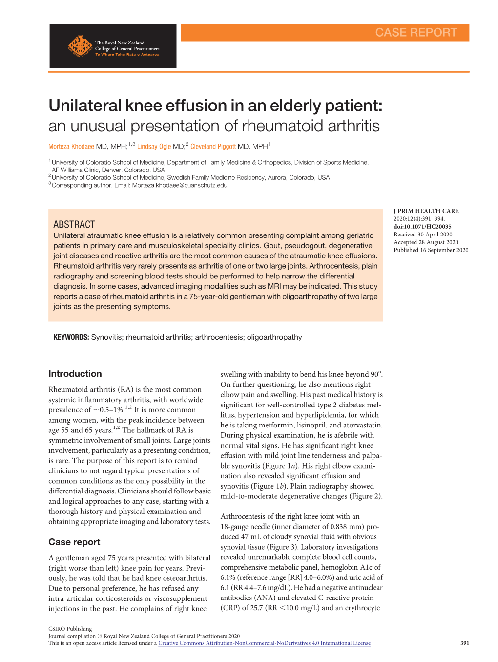 Unilateral Knee Effusion in an Elderly Patient: an Unusual Presentation of Rheumatoid Arthritis