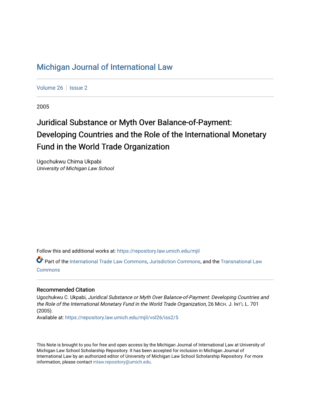 Juridical Substance Or Myth Over Balance-Of-Payment: Developing Countries and the Role of the International Monetary Fund in the World Trade Organization