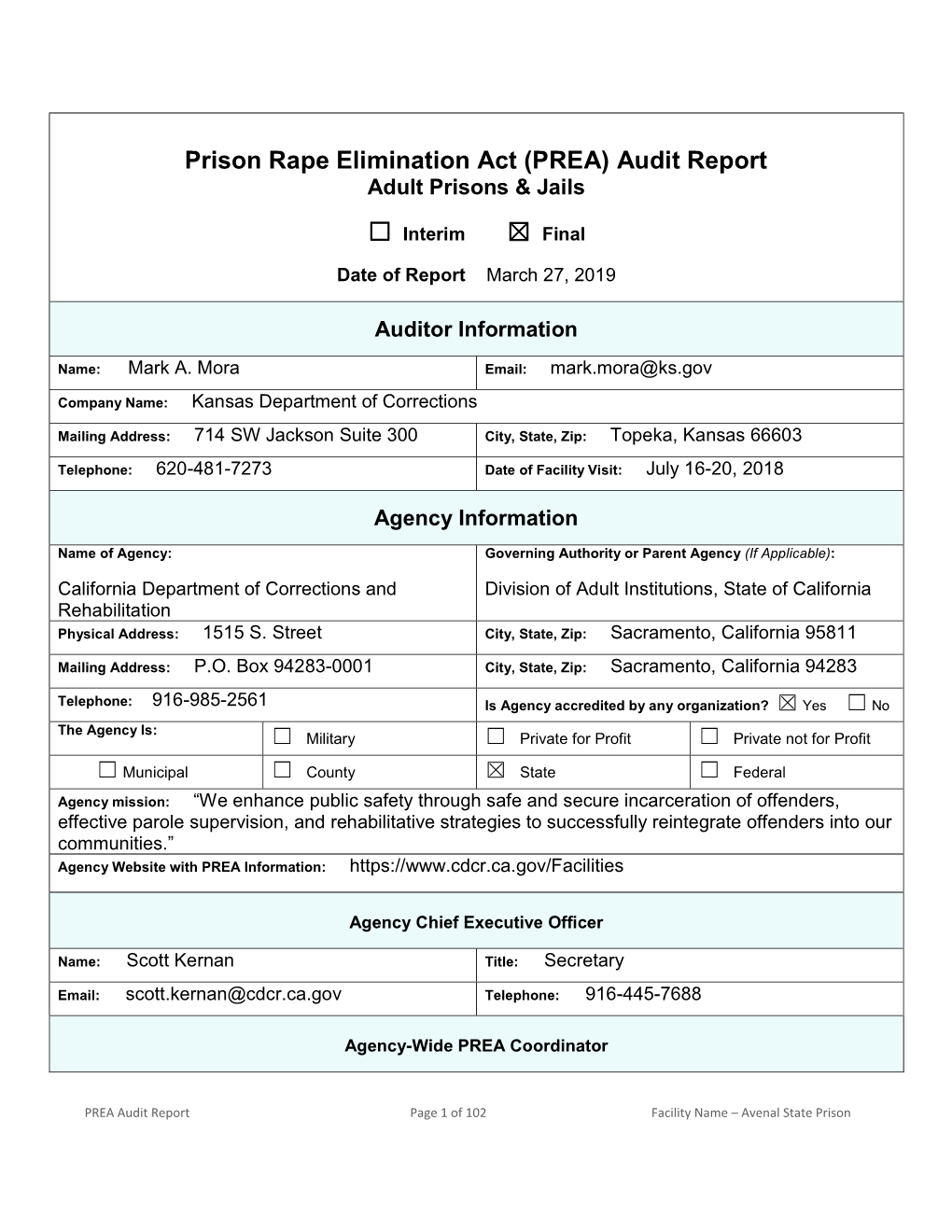 Avenal State Prison (ASP) Audit Final Report-2018