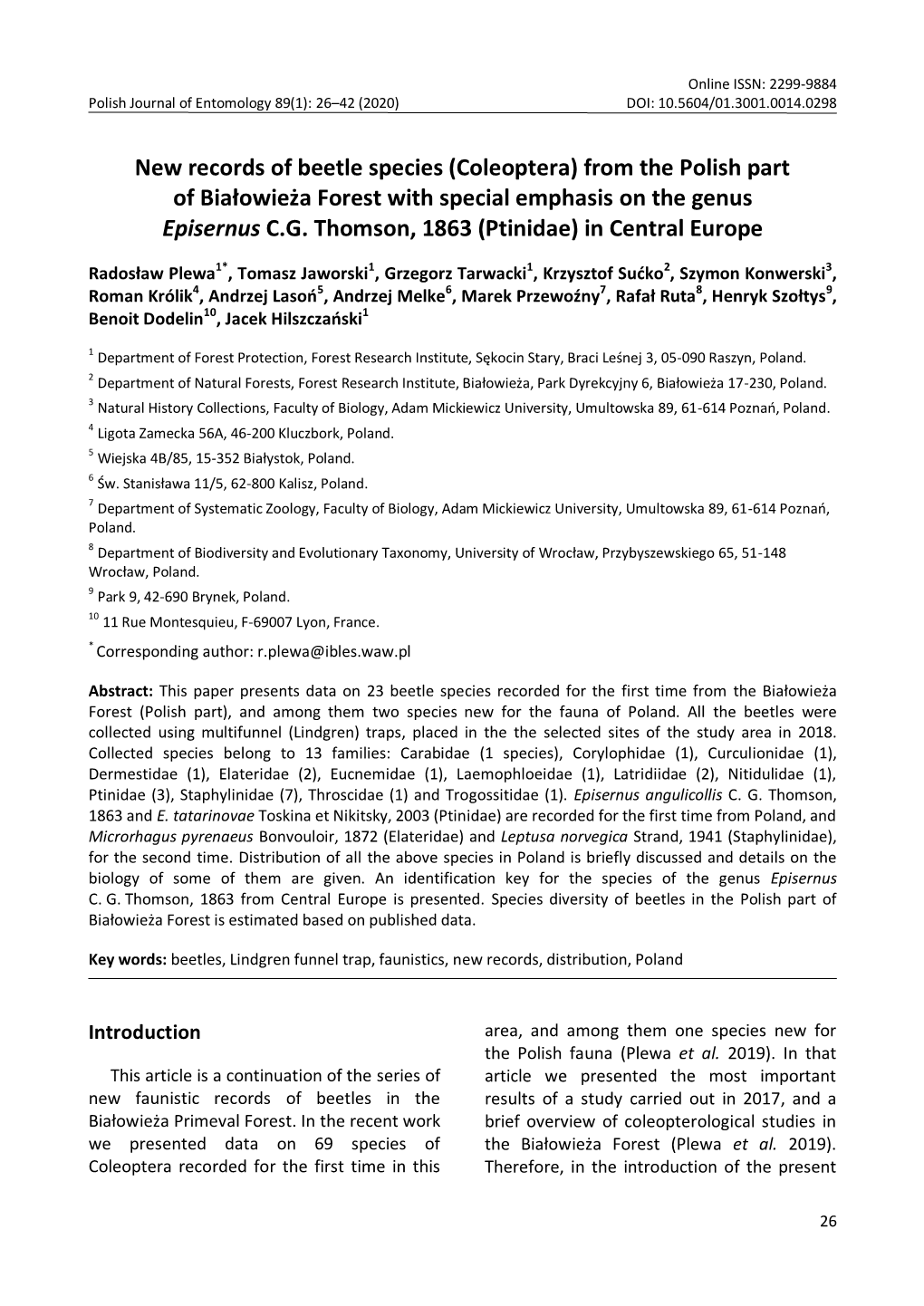 New Records of Beetle Species (Coleoptera) from the Polish Part of Białowieża Forest with Special Emphasis on the Genus Episernus C.G