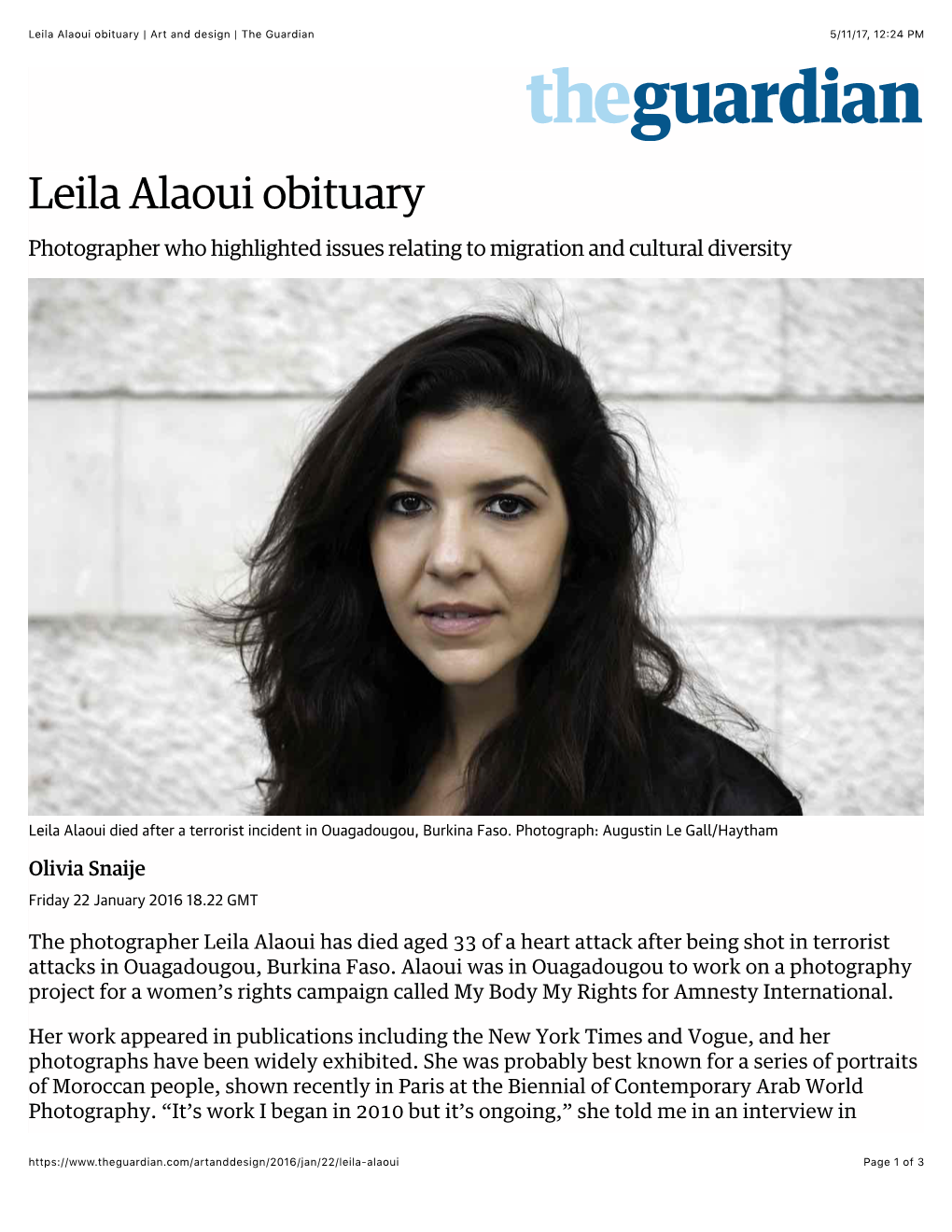 Leila Alaoui Obituary | Art and Design | the Guardian 5/11/17, 12:24 PM