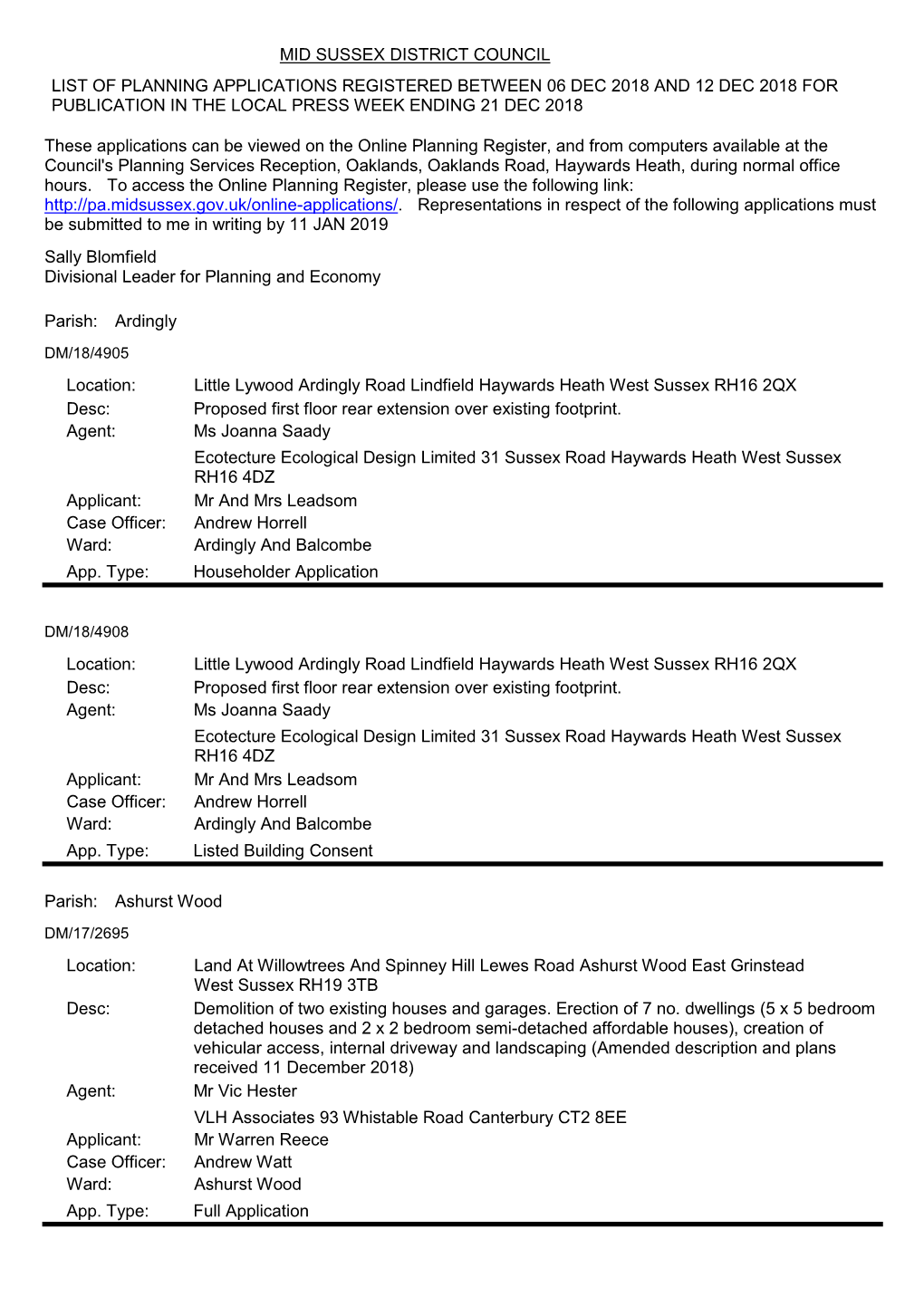 Mid Sussex District Council List of Planning Applications Registered Between 06 Dec 2018 and 12 Dec 2018 for Publication in the Local Press Week Ending 21 Dec 2018