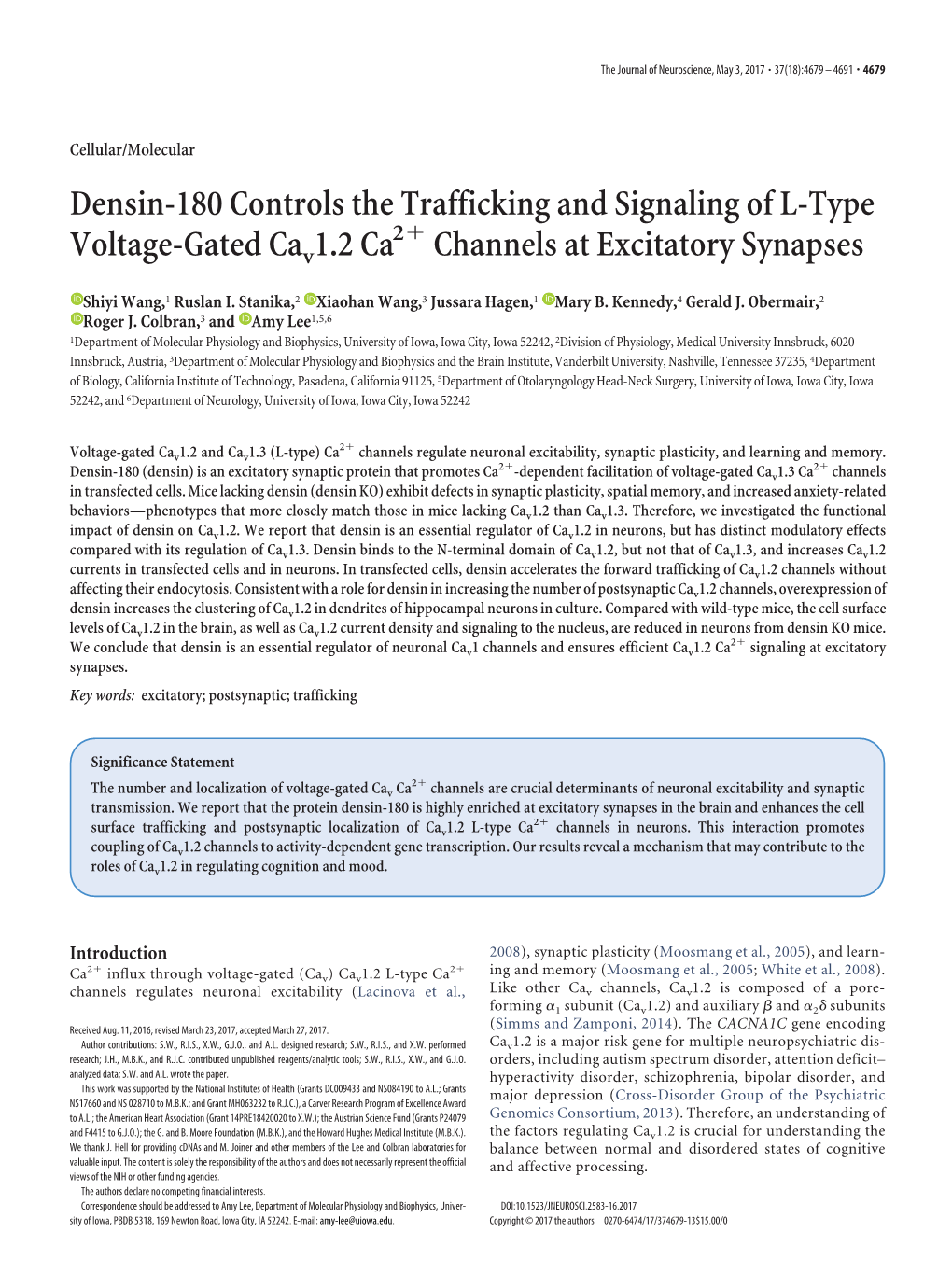 Densin-180 Controls the Trafficking and Signaling of L-Type Voltage