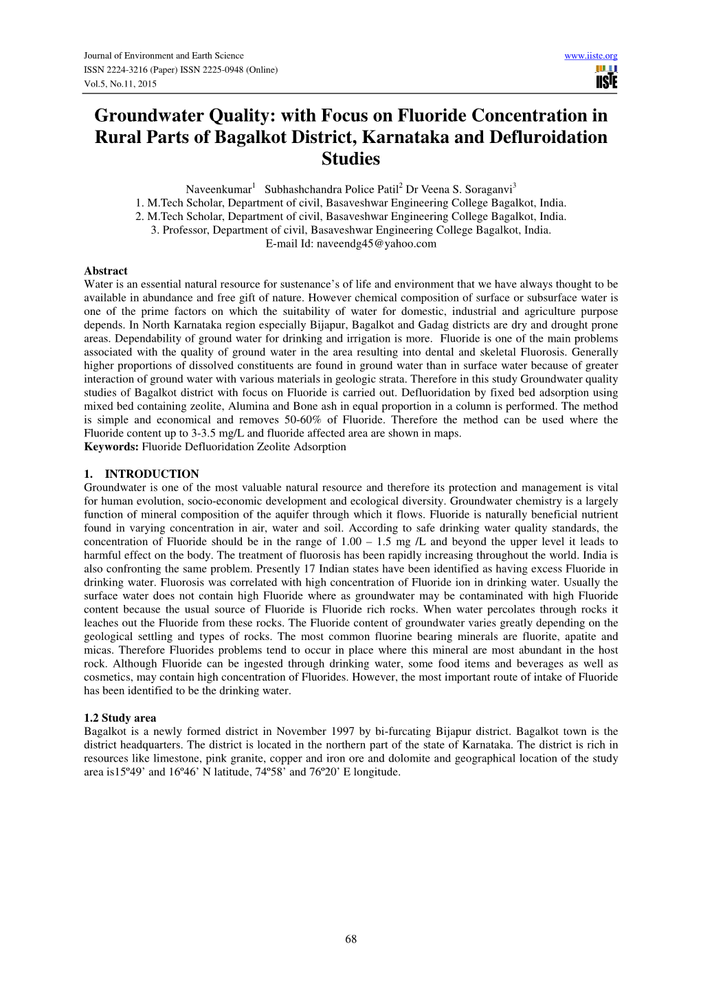 Groundwater Quality: with Focus on Fluoride Concentration in Rural Parts of Bagalkot District, Karnataka and Defluroidation Studies