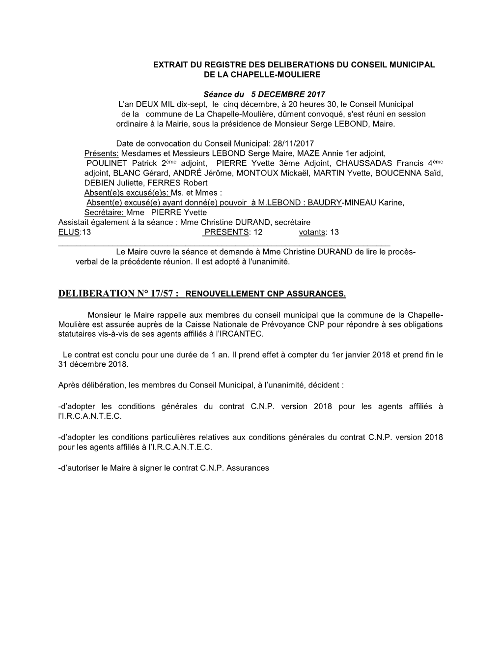 Extrait Du Registre Des Deliberations Du Conseil Municipal De La Chapelle-Mouliere