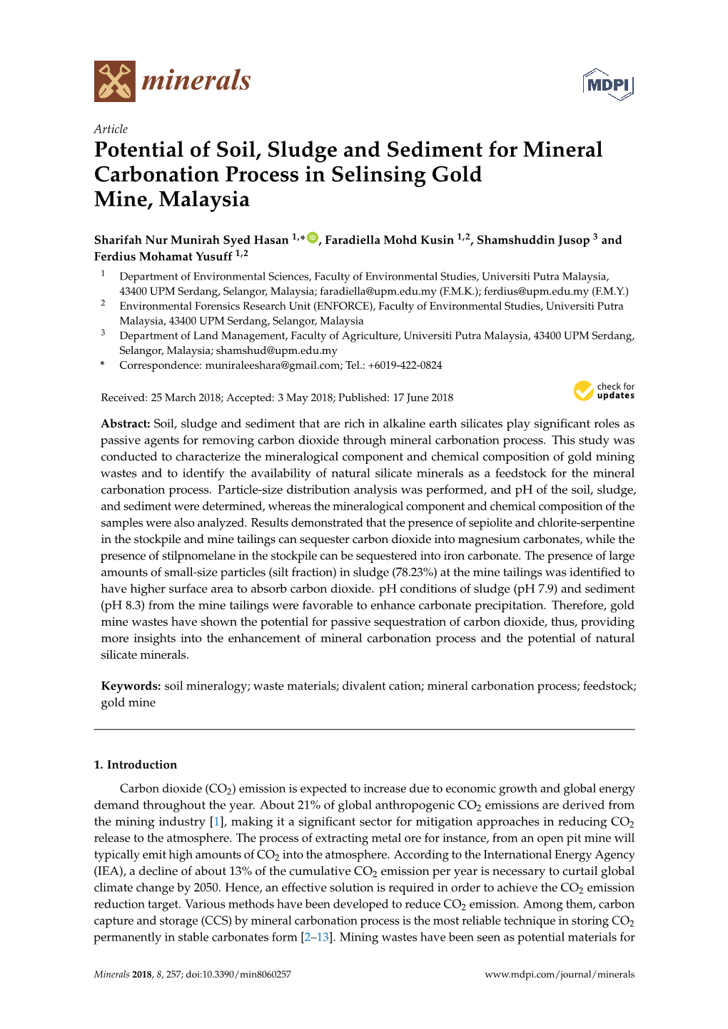Potential of Soil, Sludge and Sediment for Mineral Carbonation Process in Selinsing Gold Mine, Malaysia
