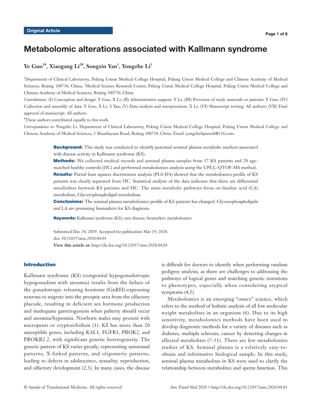 Metabolomic Alterations Associated with Kallmann Syndrome