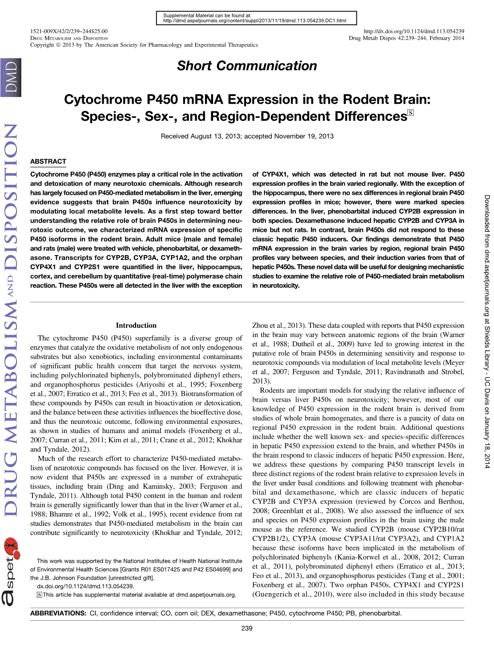 Short Communication Cytochrome P450 Mrna Expression in the Rodent Brain