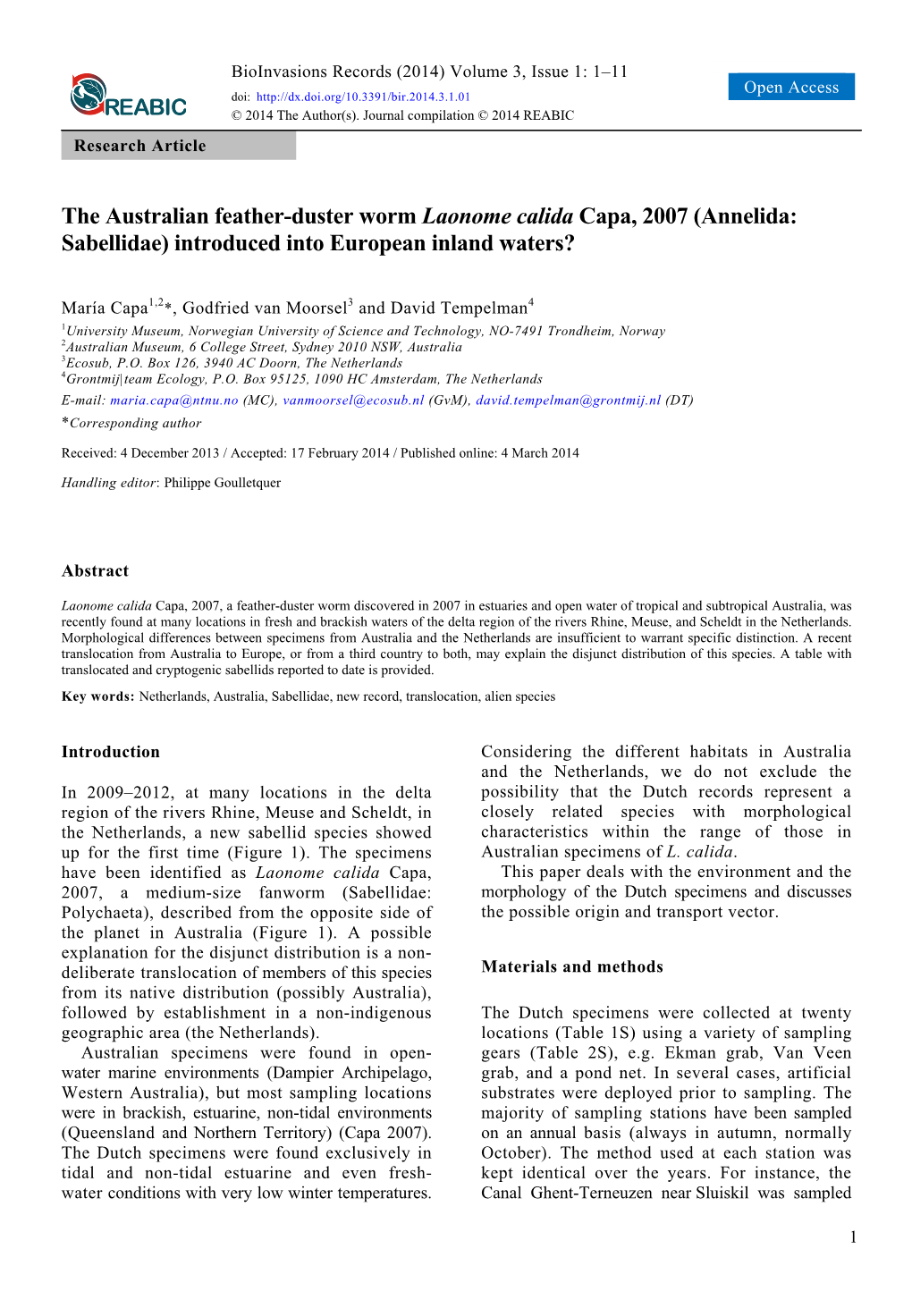 The Australian Feather-Duster Worm Laonome Calida Capa, 2007 (Annelida: Sabellidae) Introduced Into European Inland Waters?