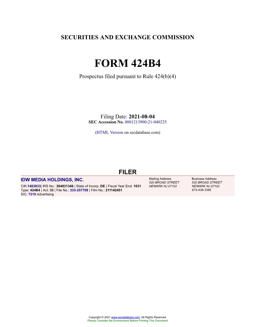 IDW MEDIA HOLDINGS, INC. Form 424B4 Filed 2021-08-04