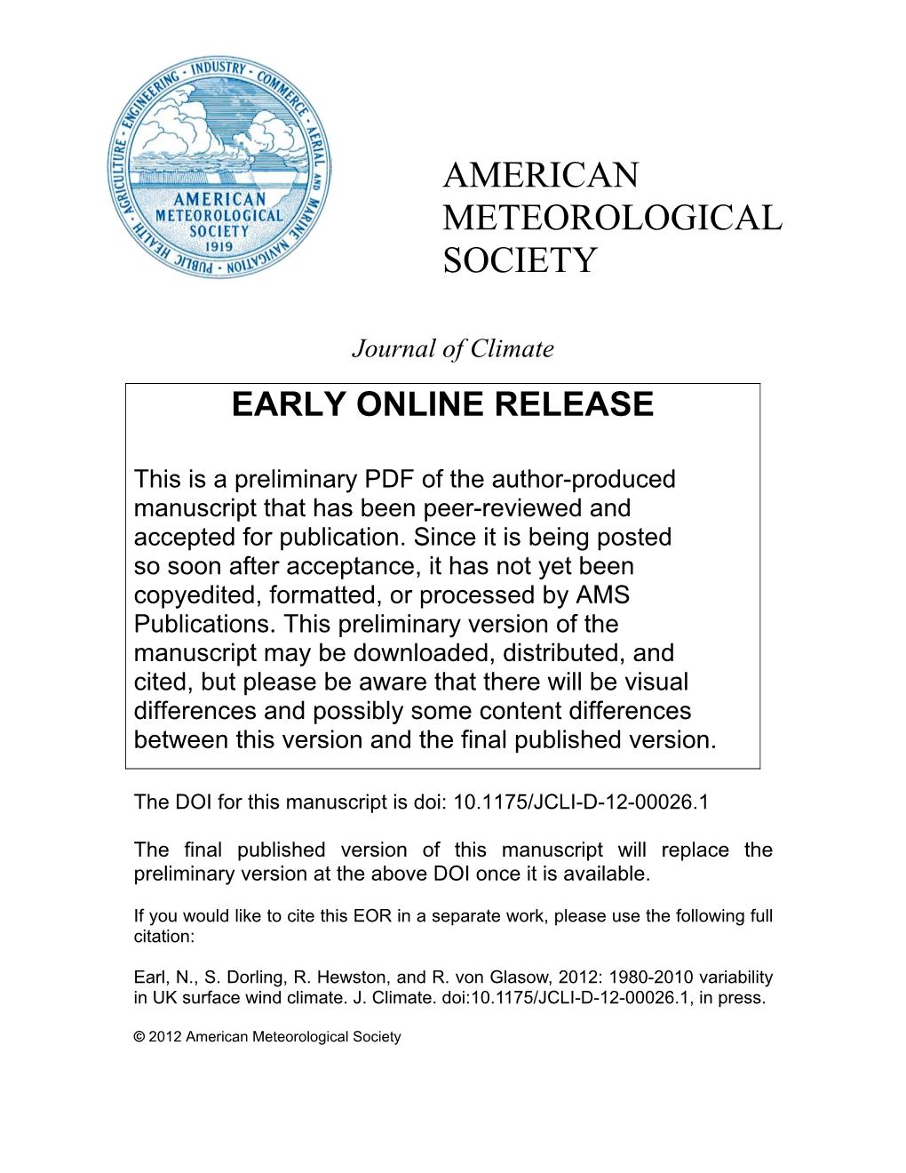American Meteorological Society Manuscript (Non-Latex) Click Here to Download Manuscript (Non-Latex): Earljoc4.Docx 1