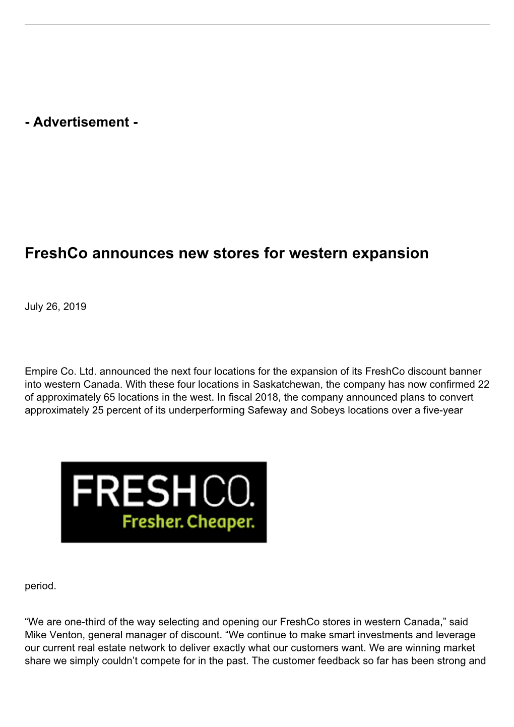 Freshco Announces New Stores for Western Expansion