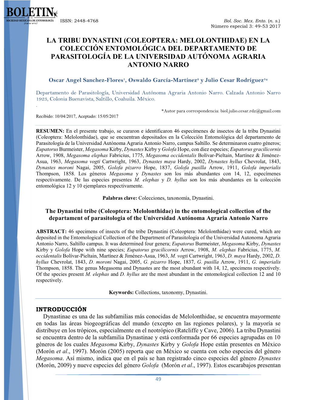 Coleoptera: Melolonthidae) En La Colección Entomológica Del Departamento De Parasitología De La Universidad Autónoma Agraria Antonio Narro