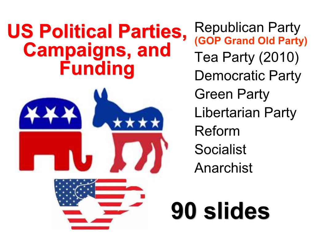 US Political Parties, (GOP Grand Old Party) Campaigns, and Tea Party (2010) Funding Democratic Party Green Party Libertarian Party Reform Socialist Anarchist