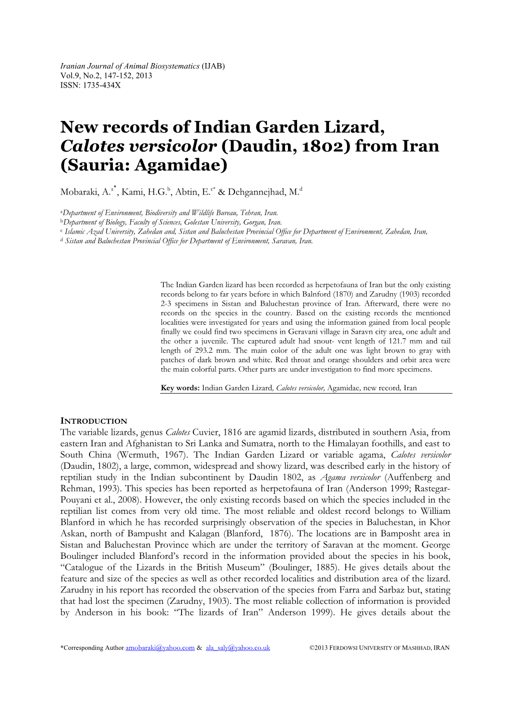 New Records of Indian Garden Lizard, Calotes Versicolor (Daudin, 1802) from Iran (Sauria: Agamidae)