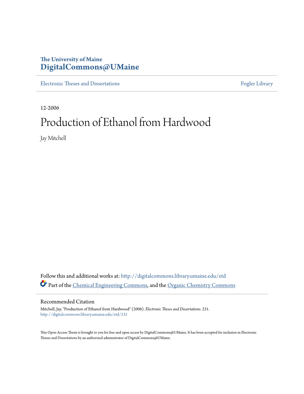 Production of Ethanol from Hardwood Jay Mitchell