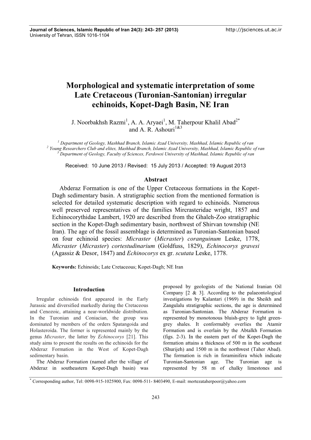 Morphological and Systematic Interpretation of Some Late Cretaceous (Turonian-Santonian) Irregular Echinoids, Kopet-Dagh Basin, NE Iran